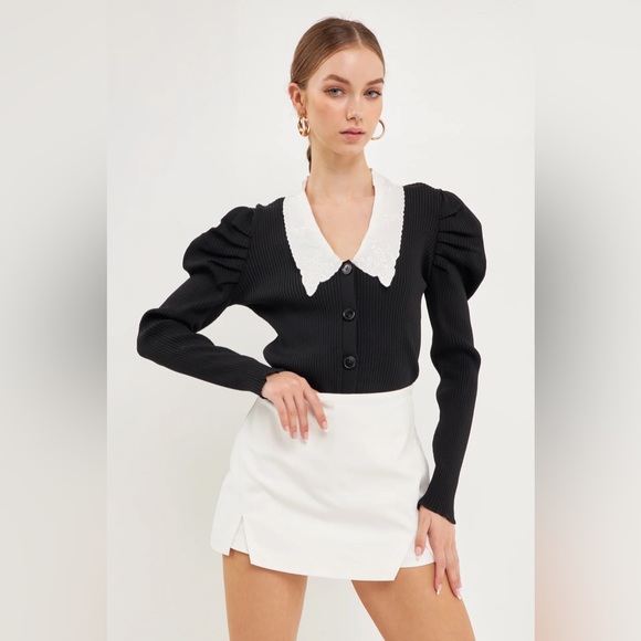 Embroidered Collar Knit Cardigan | Black Collared Cardigan - Picture 2 of 8